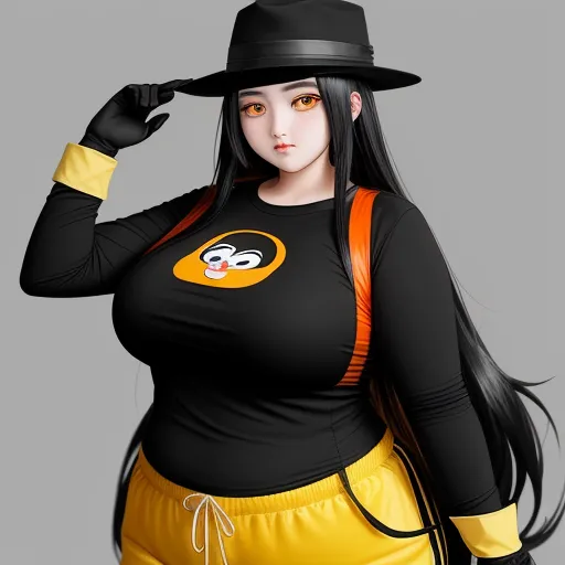 turn photos to 4k - a woman in a black top and yellow skirt with a hat on her head and a black top with a cartoon character on it, by theCHAMBA