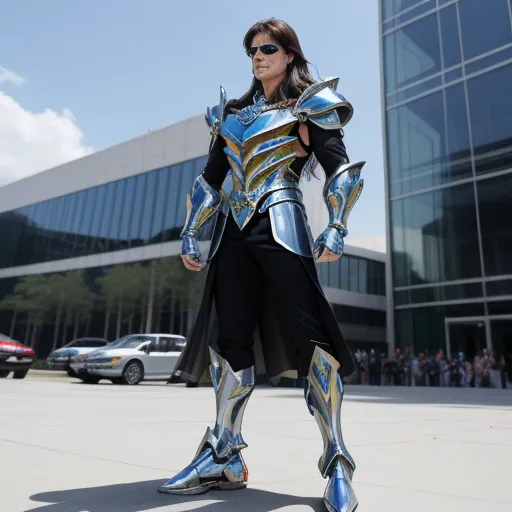 a woman in a futuristic suit standing in front of a building with a large glass building behind her and a car parked in front of her, by Sailor Moon