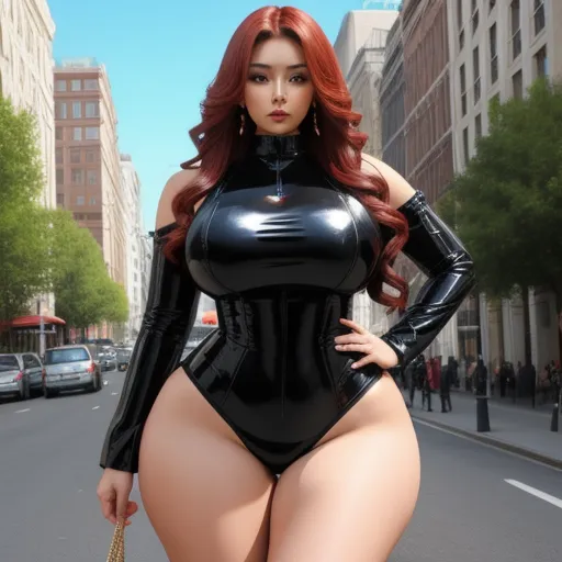 high resolution image - a woman in a black latex outfit is posing on the street with a purse in her hand and a purse in her other hand, by Terada Katsuya