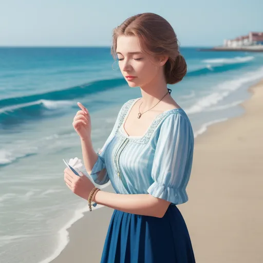 a woman standing on a beach next to the ocean holding a piece of paper in her hand and looking at the ocean, by Sailor Moon