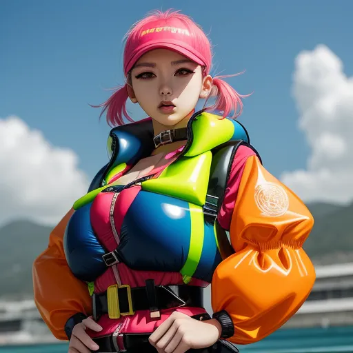 a woman with pink hair and a colorful outfit posing for a picture with a mountain in the background and a blue sky, by Terada Katsuya