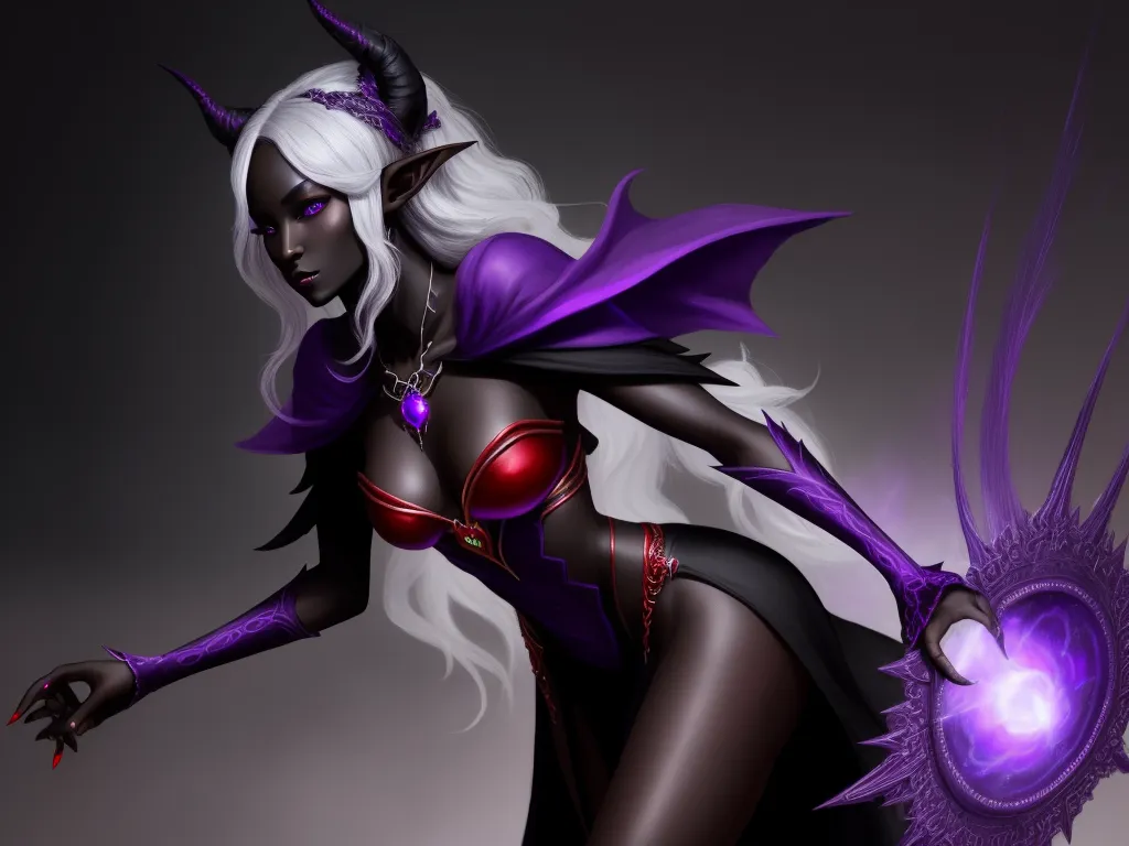 ai generator image - a woman dressed in a costume with horns and a purple light in her hand, with a demon like body and purple hair, by Lois van Baarle