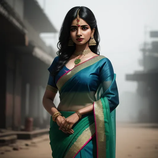 a woman in a green and blue sari standing in front of a building with a large window behind her, by Hendrik van Steenwijk I