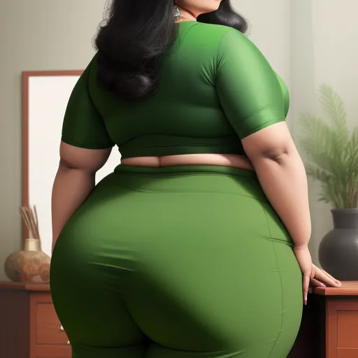 ai image generator from text free - a woman in a green outfit is standing in front of a mirror and a plant in a vase on a table, by Fernando Botero
