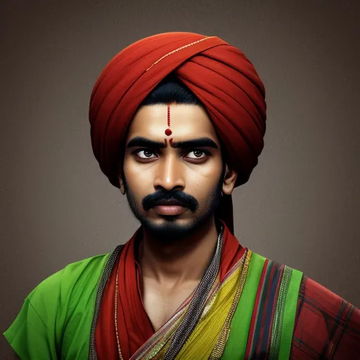 generate images from text - a man with a red turban and green shirt on and a red nose ring on his head, by Raja Ravi Varma