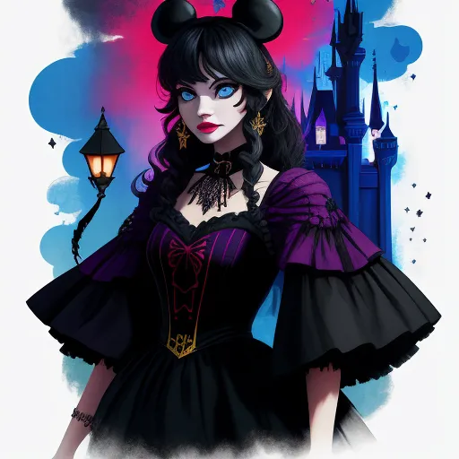 a woman in a black dress with a purple dress and a castle in the background with a light bulb, by Hanna-Barbera