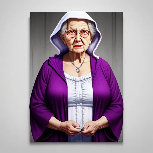 4k picture converter free - a painting of a woman in a purple robe and a white hat with a rosary on her neck and hands in her pockets, by Kent Monkman