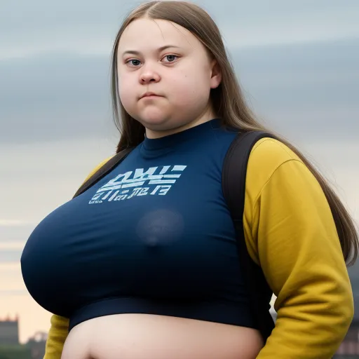 a pregnant woman with a blue shirt and yellow sleeves is posing for a picture with a city in the background, by Bruce Gilden
