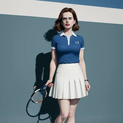 a woman in a blue shirt and white skirt holding a tennis racket and a tennis ball on a tennis court, by Edward Hopper