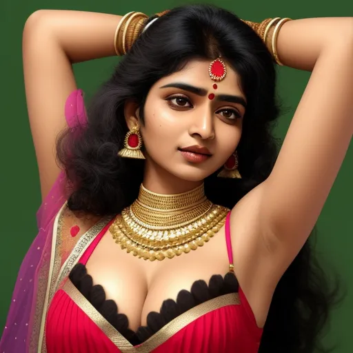 ai-generated images from text - a woman in a red and gold outfit with a necklace and choker on her head and a green background, by Raja Ravi Varma
