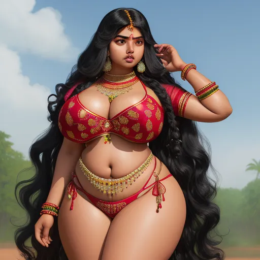4k photo resolution converter - a very big breasted woman in a red bikini and gold jewelry on her head and chest, with trees in the background, by Hendrick Goudt