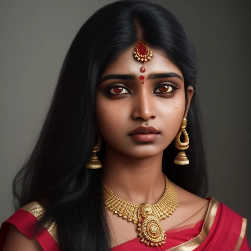 make a photo high res - a woman with a red and gold outfit and a necklace and earrings on her head and a red and gold necklace on her neck, by Raja Ravi Varma