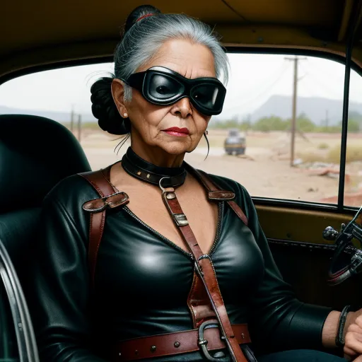 a woman in a leather outfit and goggles sitting in a car with a gun in her hand and a gun in her other hand, by Alec Soth