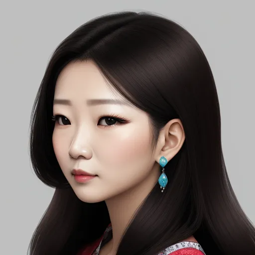 a woman with long black hair and a red shirt and earrings on her head and a gray background with a white background, by Chen Daofu