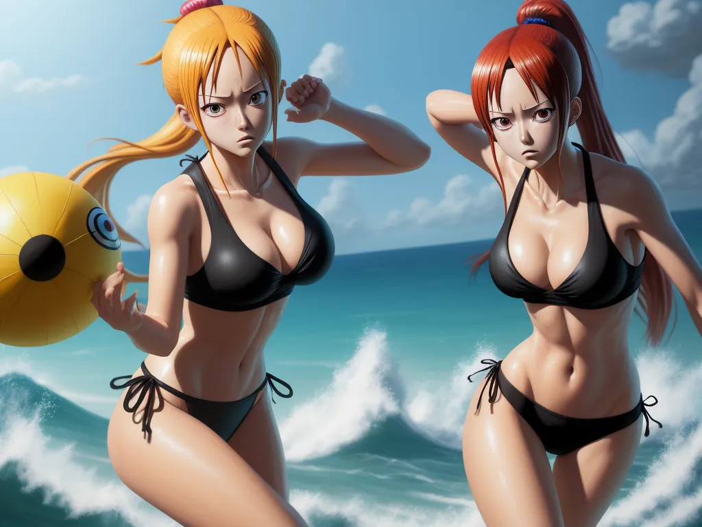 two cartoon women in bikinis are standing in the water with a ball in their hand and a ball in their other hand, by Toei Animations