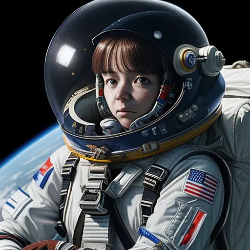 a woman in a space suit is holding a glove and looking at the camera with a space background behind her, by Jeremy Geddes