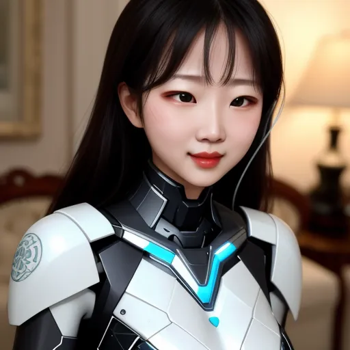 ai upscaler - a woman in a futuristic suit posing for a picture with a lamp behind her and a lamp on the side of the room, by Chen Daofu