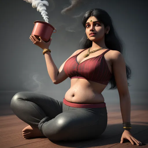 a woman in a bra top holding a cup of smoke and a cigarette in her hand while sitting on the floor, by Raja Ravi Varma