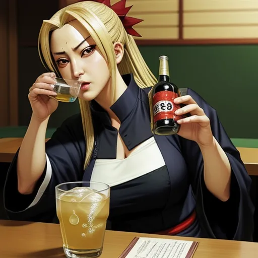 a woman drinking a beer from a glass next to a bottle of alcohol on a table with a menu, by Hiromu Arakawa