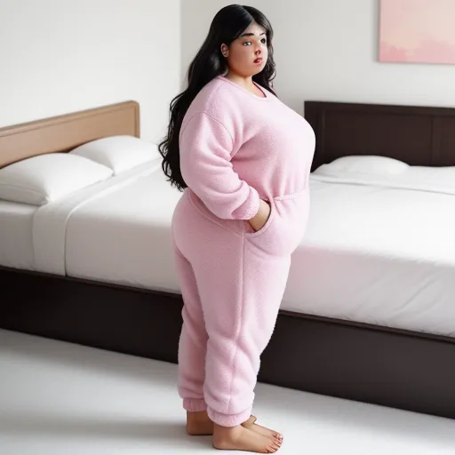 a woman in a pink pajamas stands in front of a bed with a white sheet on it and a brown headboard, by Fernando Botero