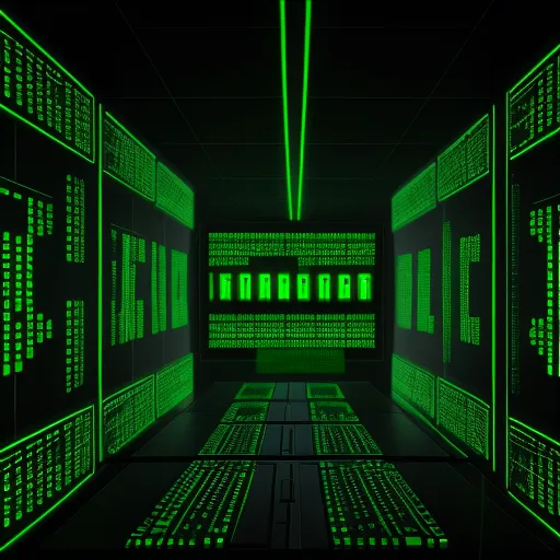 ai image creator from text - a room with rows of green and black computer screens and a green light shining down on the floor and walls, by Shusei Nagaoko