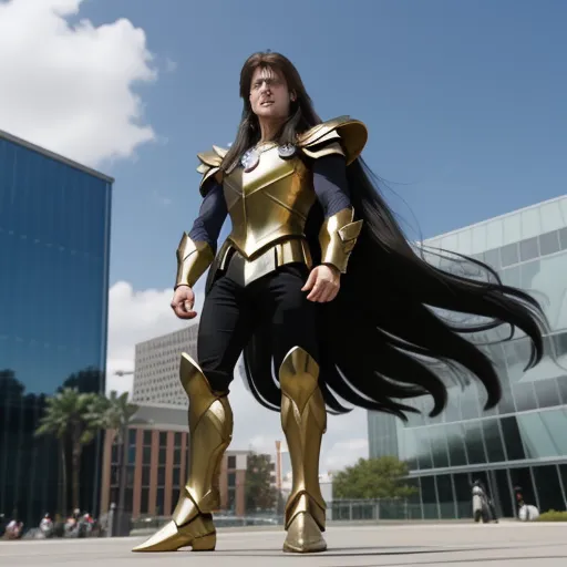 a woman dressed in a costume standing in front of a building with long hair in the wind and a building in the background, by Sailor Moon