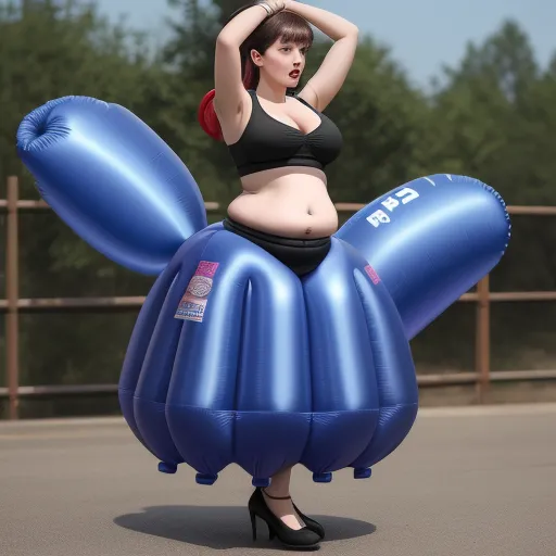 a woman in a bikini standing on a large blue balloon shaped like a butterfly with her hands on her head, by Billie Waters