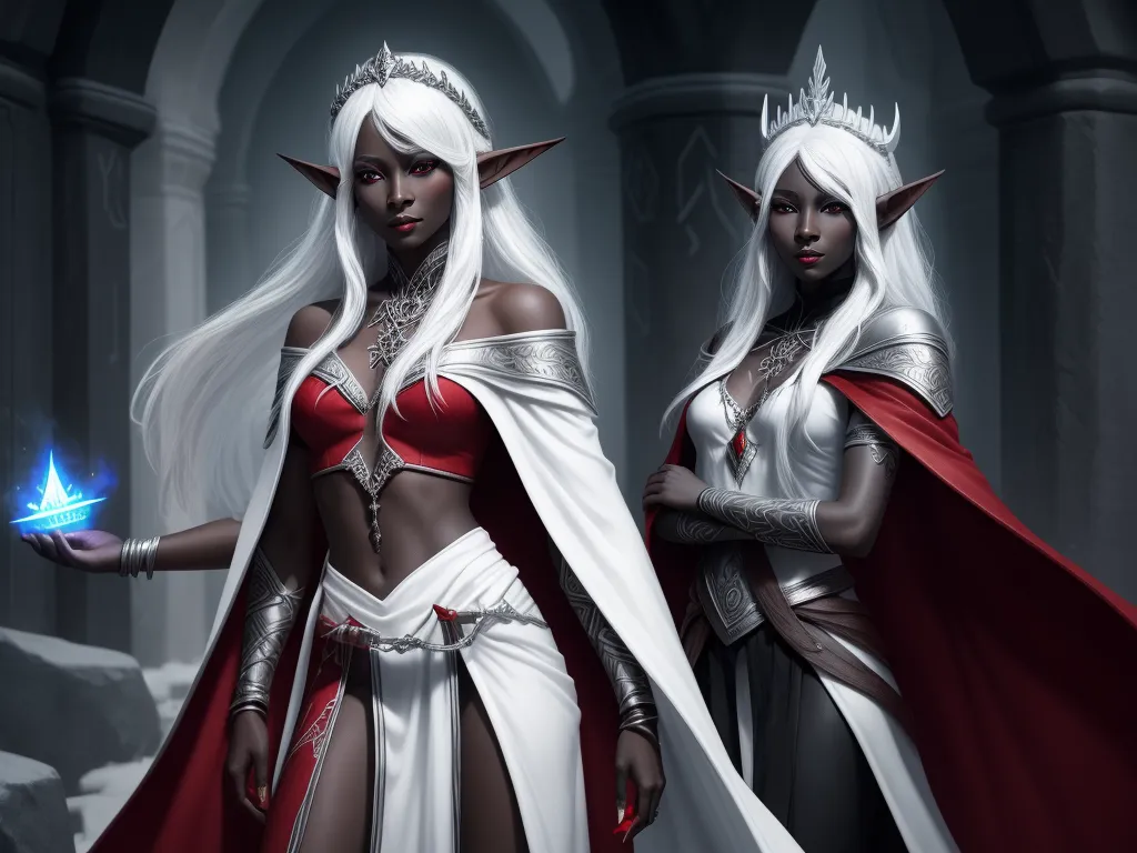 convert photo to 4k - two women dressed in white and red are standing in a dark room with a light in their hand and a glowing object in their hand, by Lois van Baarle