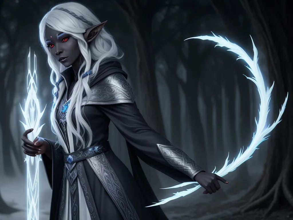 image to 4k - a woman with white hair and a white dress holding a blue light saber in a forest with trees and fog, by Lois van Baarle