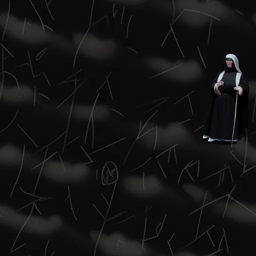 image quality lower - a nun standing in front of a black background with white letters and a cross on it's side, by Gertrude Abercrombie