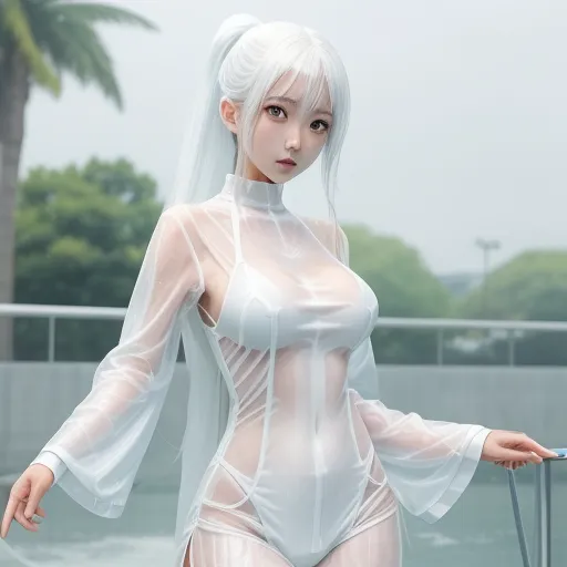 a woman in a white bodysuit posing for a picture with a fence in the background and palm trees in the background, by Chen Daofu