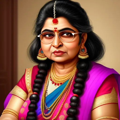 ai generate image - a woman in a colorful sari with a necklace and glasses on her head and a necklace on her neck, by Raja Ravi Varma