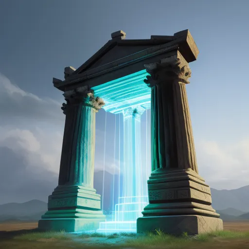 a large stone structure with a blue light coming out of it's center and a sky background with clouds, by Filip Hodas