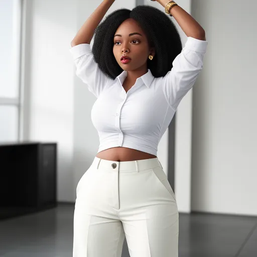 a woman with an afro is posing for a picture in a white shirt and pants with her hands on her head, by Edith Lawrence