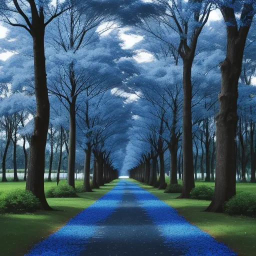 a blue road is lined with trees and grass, and a blue sky is in the background with clouds, by David Hockney