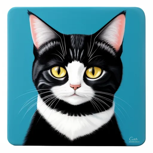 ai text to picture generator - a black and white cat with yellow eyes on a blue background with a white border and a black and white cat with yellow eyes, by Will Barnet