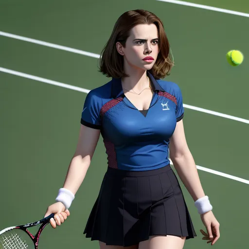 a woman in a blue shirt and black skirt holding a tennis racket and ball on a tennis court, by Terada Katsuya