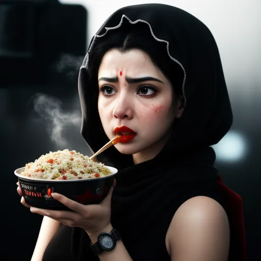 ai image generator names - a woman in a black hoodie eating a bowl of noodles with a cigarette in her mouth and a cigarette in her mouth, by Reylia Slaby