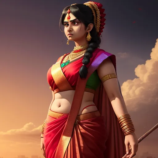 ai based photo editor - a woman in a red sari and gold jewelry standing in front of a cloudy sky with a sword, by Raja Ravi Varma