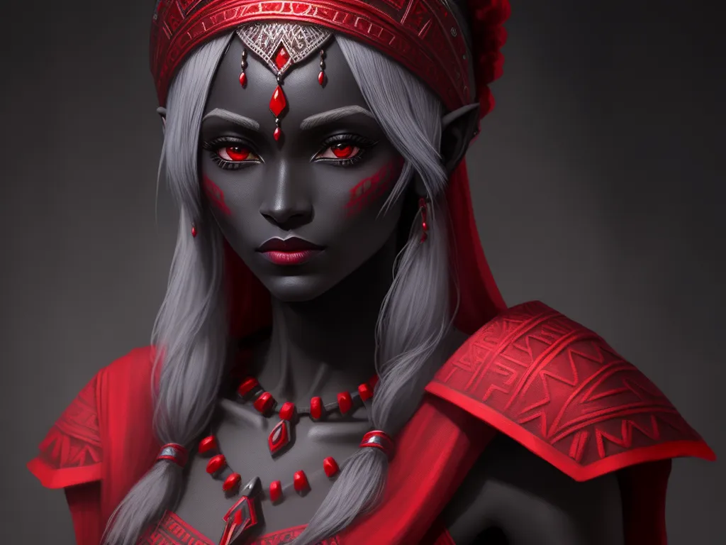 ai photo manipulation: 1 solo female drow, red aztec clothes