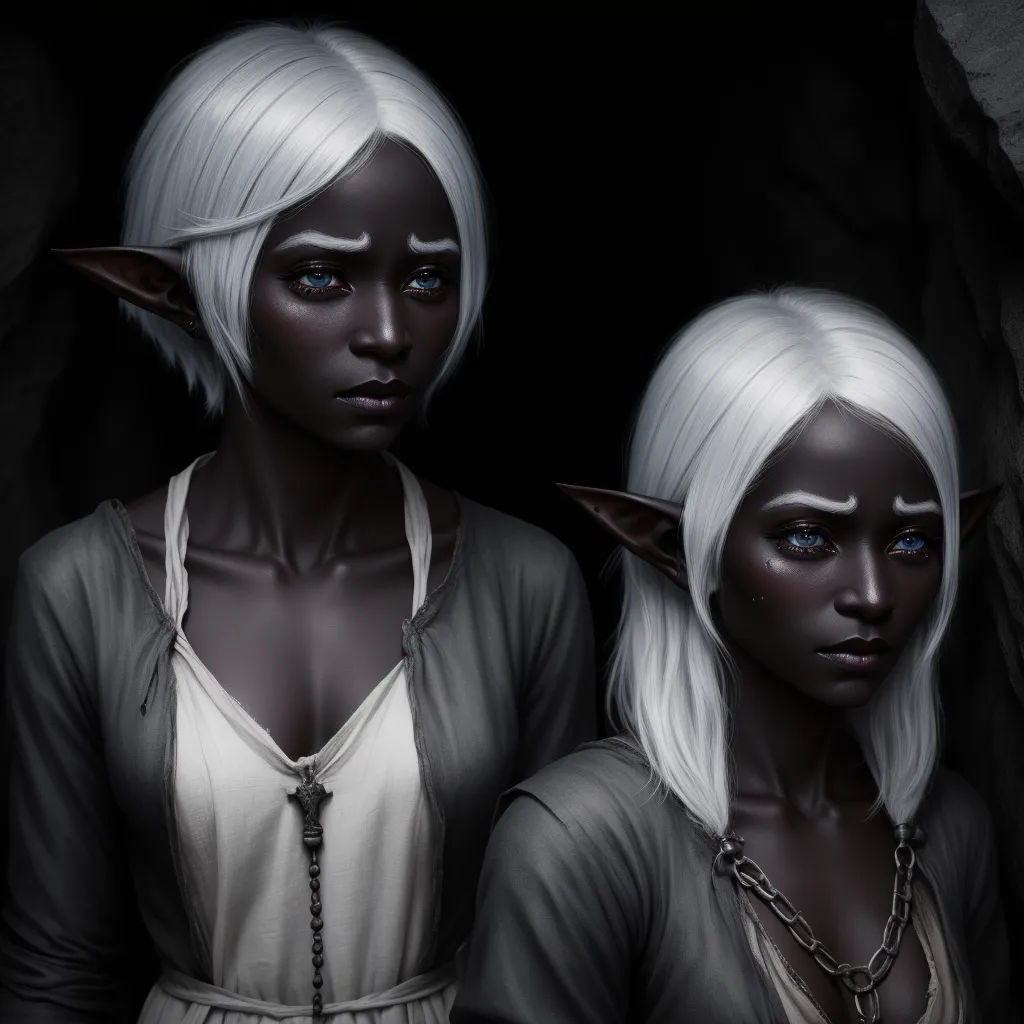 two women with white hair and blue eyes are standing in a cave with chains on their necks and white hair, by Daniela Uhlig