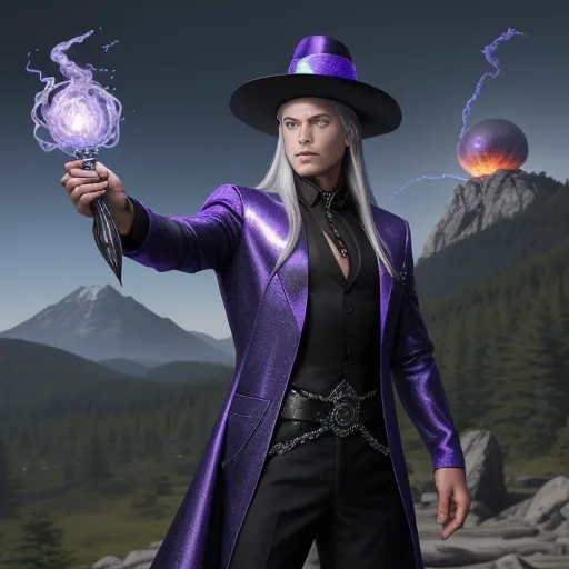 a woman in a purple coat and hat holding a wand and a ball in her hand with a mountain in the background, by David LaChapelle
