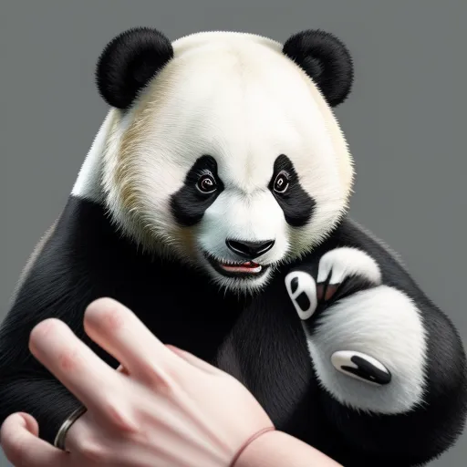 a panda bear holding onto a human hand with a ring on it's thumb and a hand reaching for it, by Chen Daofu