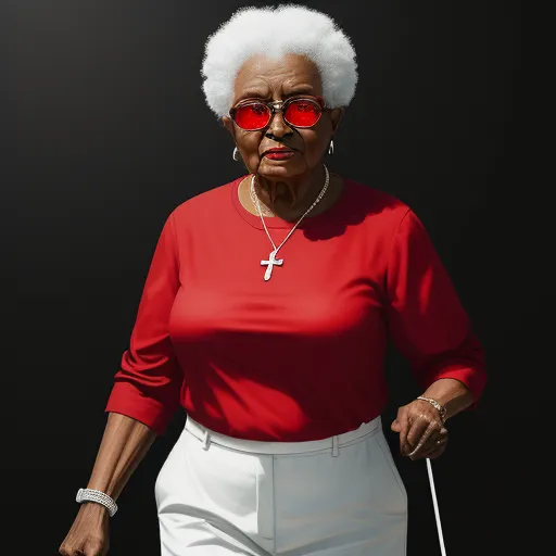 a woman in a red shirt and white pants with a cross on her neck and red sunglasses on her face, by Conor Harrington