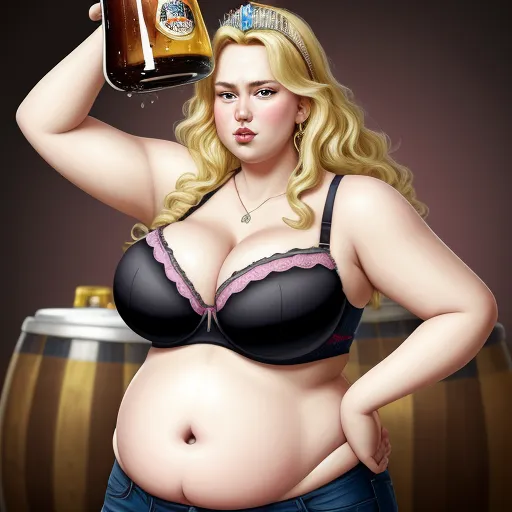 a woman in a bra holding a beer in her hand and a beer in her other hand, in front of a barrel, by Botero