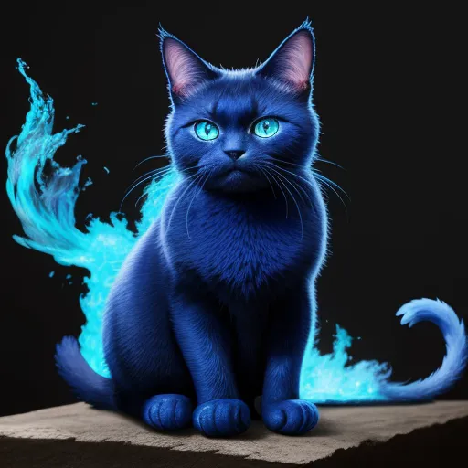 a blue cat sitting on top of a wooden table next to a blue fireball and a black background, by Pixar Concept Artists