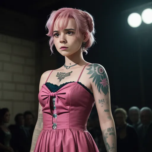 a woman with pink hair and tattoos on her arm and chest, in a pink dress with a black bow, by Gottfried Helnwein