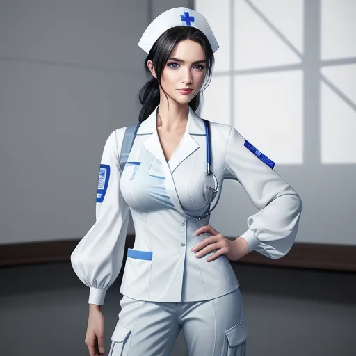 text to picture generator ai - a woman in a nurse outfit standing in a room with a window behind her and a stethoscope on her shoulder, by Chen Daofu