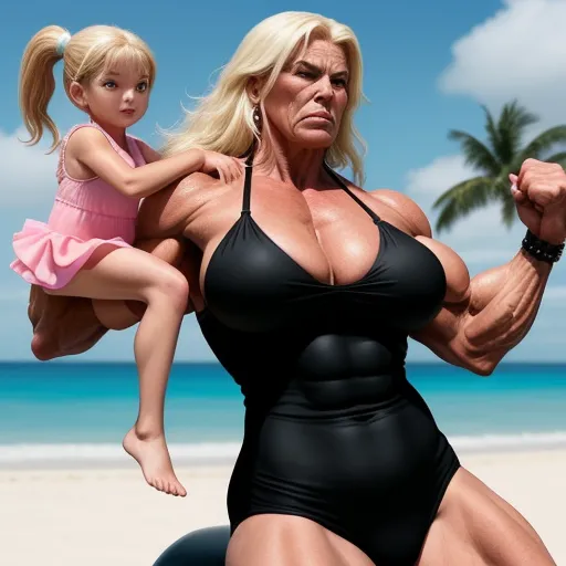 a woman and a little girl are posing for a picture on the beach with a bodybuilding figure in the background, by David LaChapelle