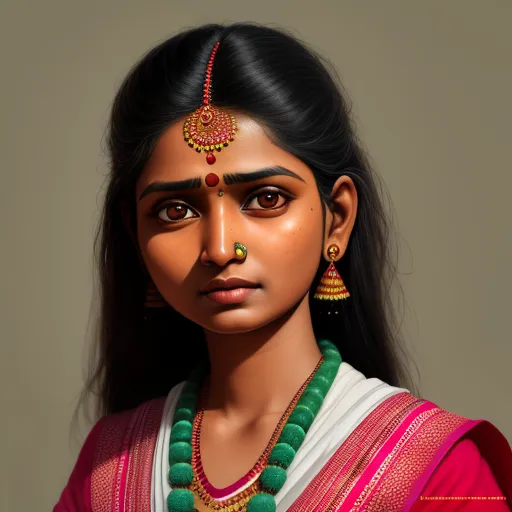 free ai image generator from text - a woman with a necklace and earrings on her head and a necklace on her neck and a necklace on her head, by Raja Ravi Varma